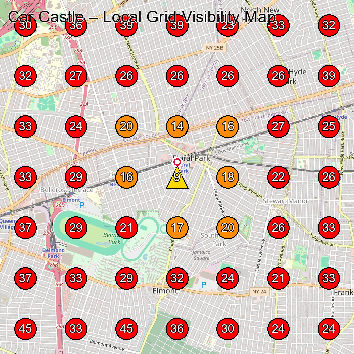 Car Castle GeoGrid visibility map for Used Car Dealer in Queens